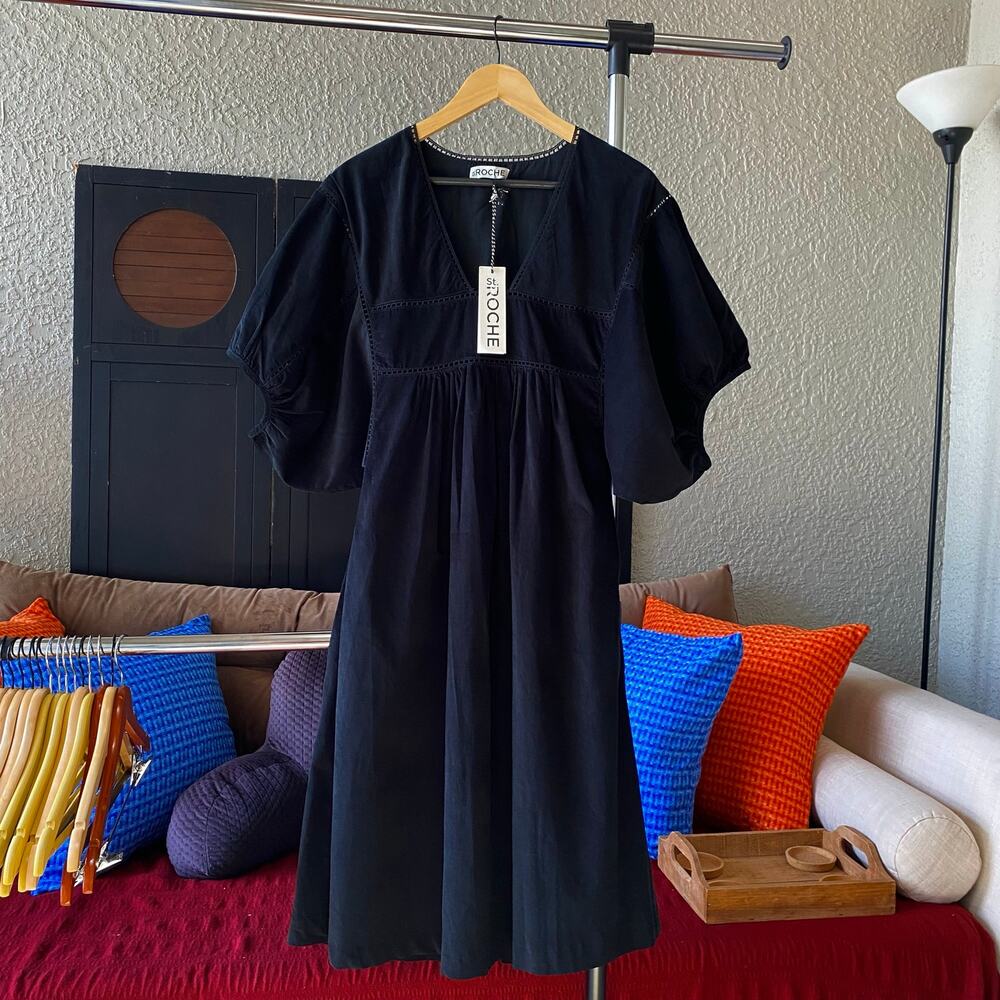 St. Roche Lake Dress Midi Corduroy Black Small Boho Flare Loose Cotton Retro